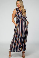 Navy Blue Striped Sleeveless Collared Button Down Maternity Maxi Dress