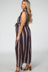 Navy Blue Striped Sleeveless Collared Button Down Maternity Maxi Dress