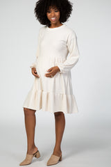 Ivory Ribbed Knit Long Sleeve Maternity Midi Dress