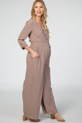 Mocha Long Sleeve Button Down Smocked Waist Maternity Jumpsuit