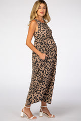 Beige Animal Print Babydoll Sleeveless Maternity Maxi Dress