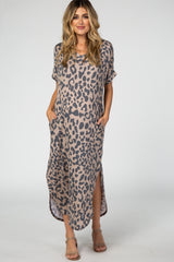 Beige Leopard Print V-Neck Maternity Maxi Dress