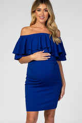 PinkBlush Blue Double Layer Ruffle Off Shoulder Maternity Dress