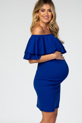 PinkBlush Blue Double Layer Ruffle Off Shoulder Maternity Dress