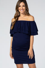 Navy Double Layer Ruffle Off Shoulder Maternity Dress