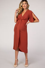 Rust Open Sleeve Maternity Wrap Midi Dress
