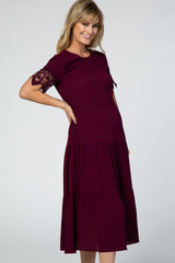 Plum Lace Sleeve Tiered Maternity Midi Dress