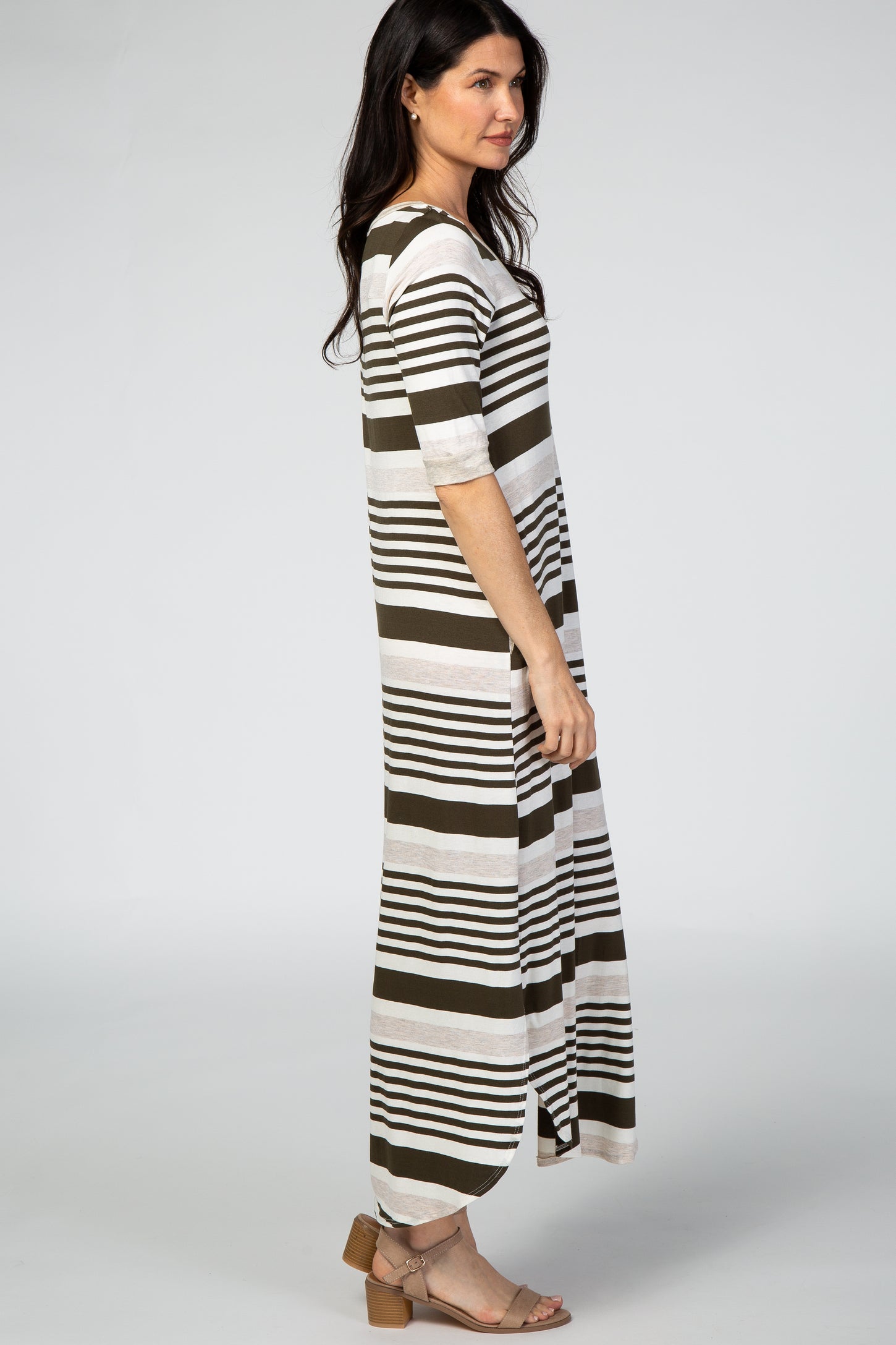 Olive Striped 3/4 Sleeve Curved Hem Maxi Dress
