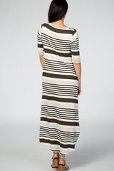 Olive Striped 3/4 Sleeve Curved Hem Maxi Dress
