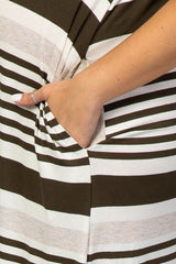 Olive Striped 3/4 Sleeve Curved Hem Maternity Maxi Dress