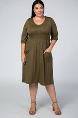 Olive 3/4 Sleeve Round Neck Plus Maternity Midi Dress