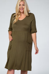 Olive 3/4 Sleeve Round Neck Plus Maternity Midi Dress