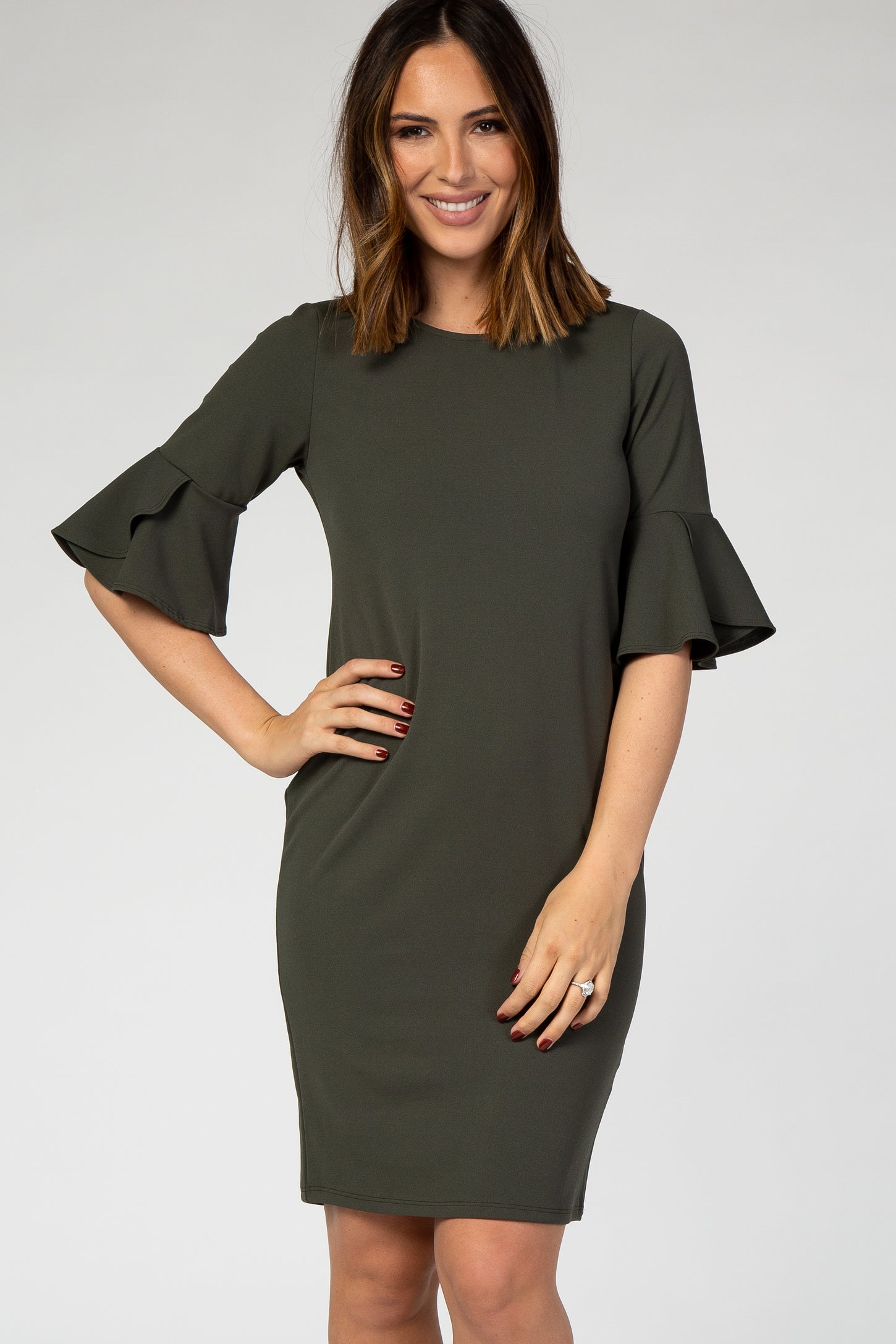 PinkBlush Olive Fitted Ruffle Sleeve Dress