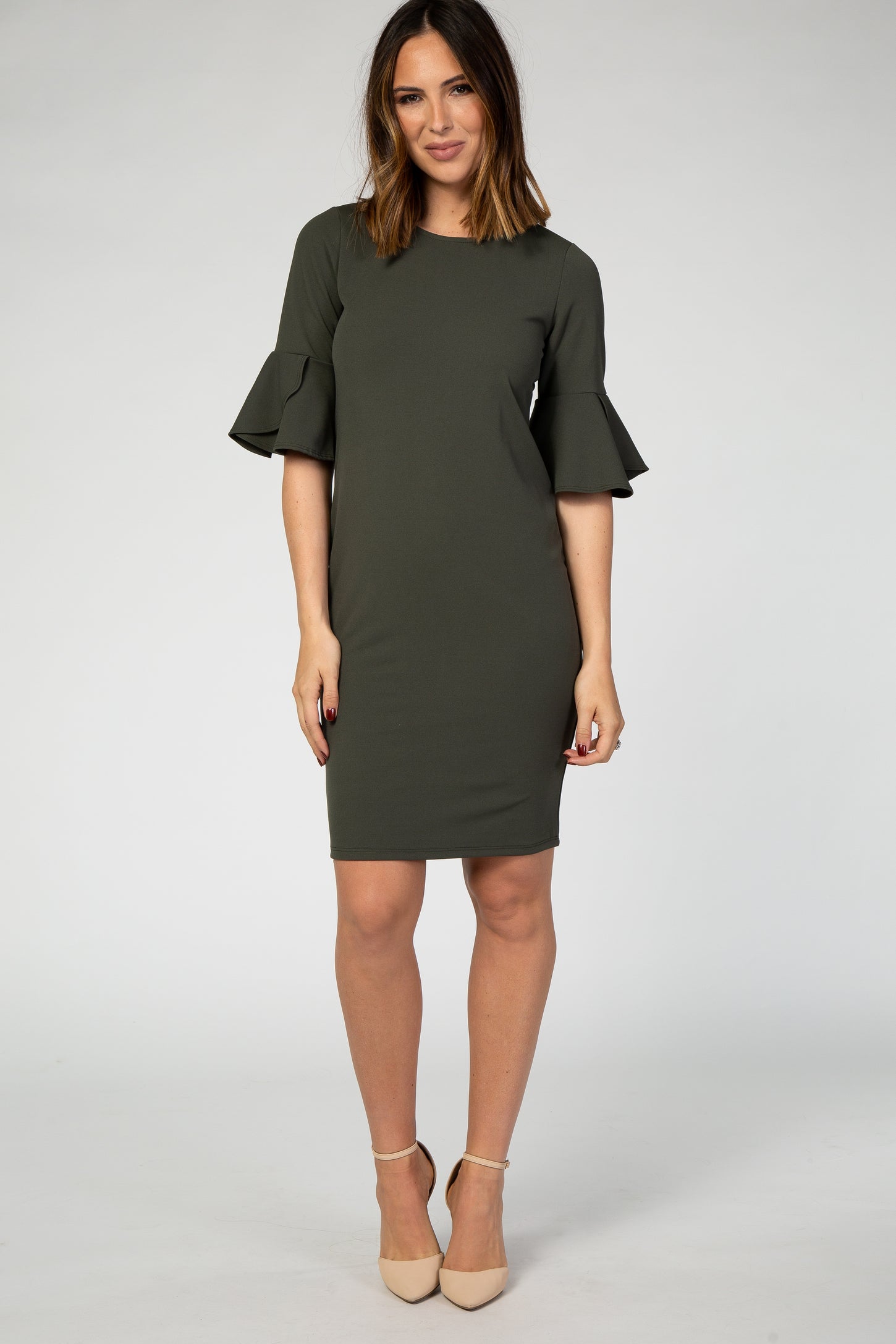 PinkBlush Olive Fitted Ruffle Sleeve Dress