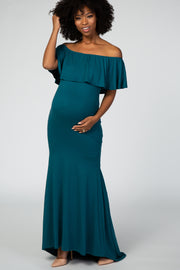 Emerald Ruffle Off Shoulder Mermaid Maternity Photoshoot Gown/Dress