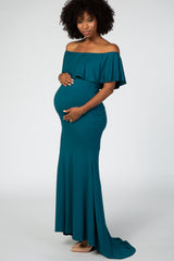 Emerald Ruffle Off Shoulder Mermaid Maternity Photoshoot Gown/Dress