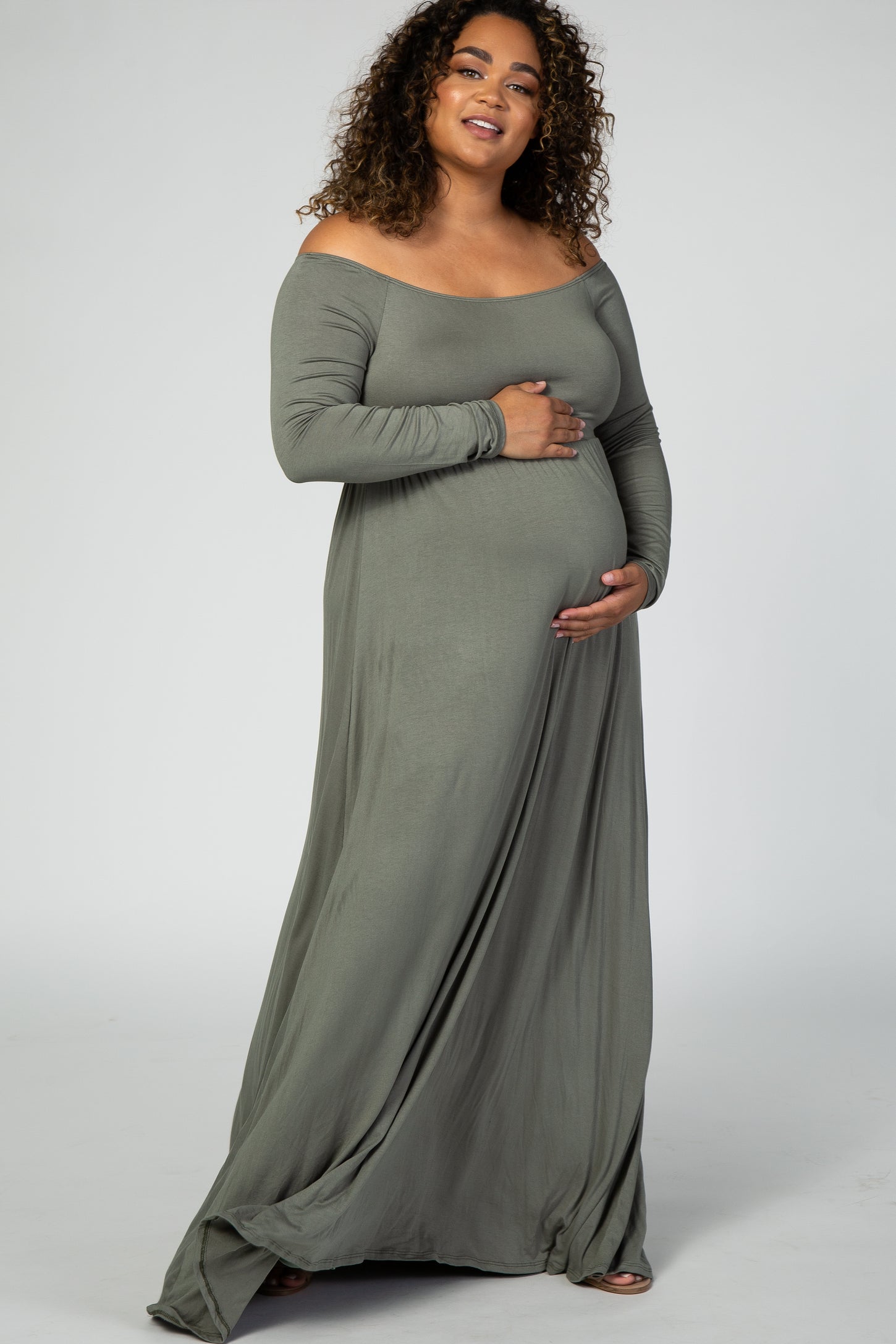Olive Solid Off Shoulder Plus Maternity Maxi Dress