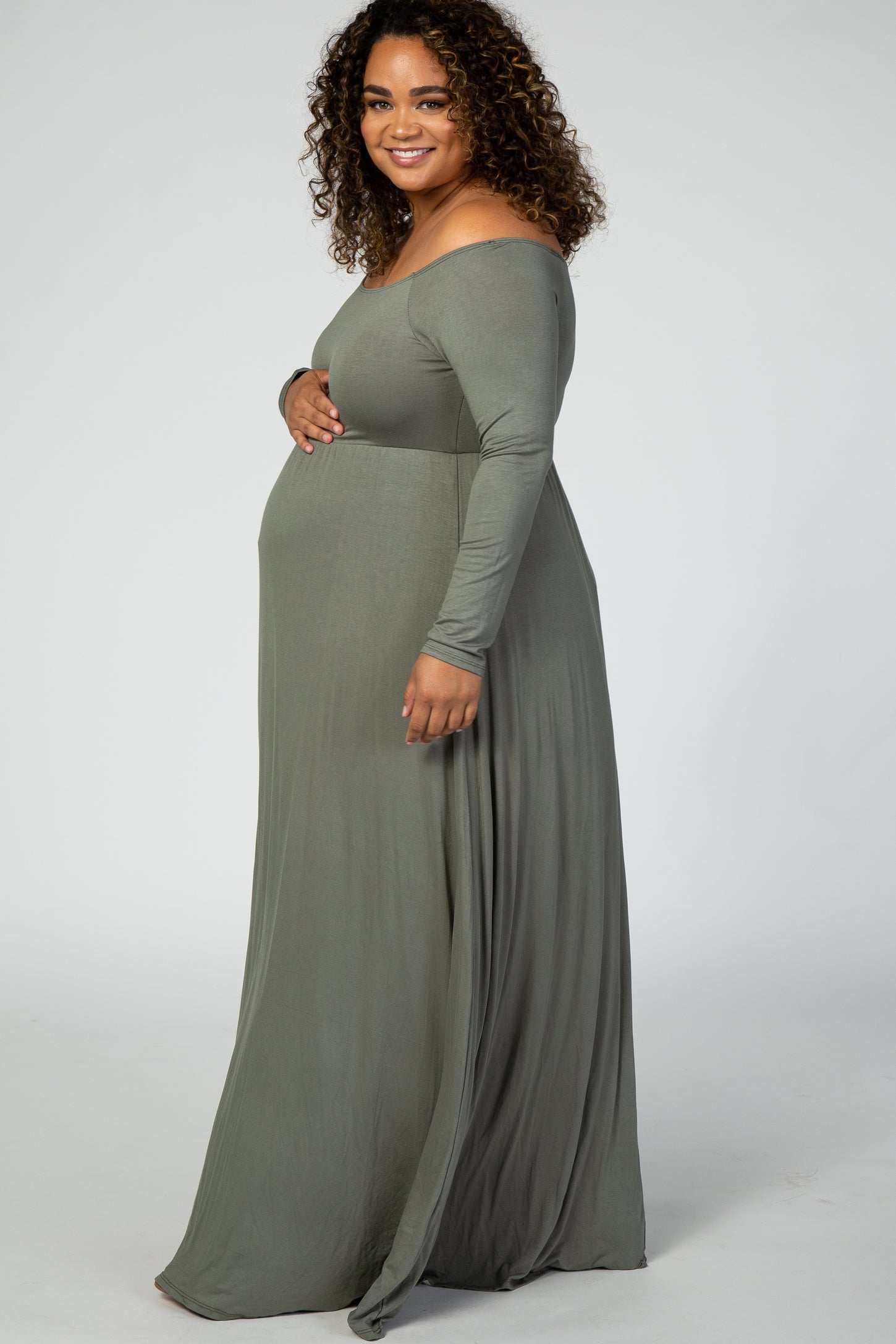 Olive Solid Off Shoulder Plus Maternity Maxi Dress