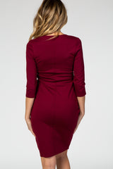 Burgundy 3/4 Sleeves Front Pleated Maternity Dress
