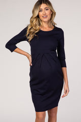 Navy Blue 3/4 Sleeves Front Pleated Maternity Dress– PinkBlush