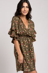 Olive Floral Ruffle Dress