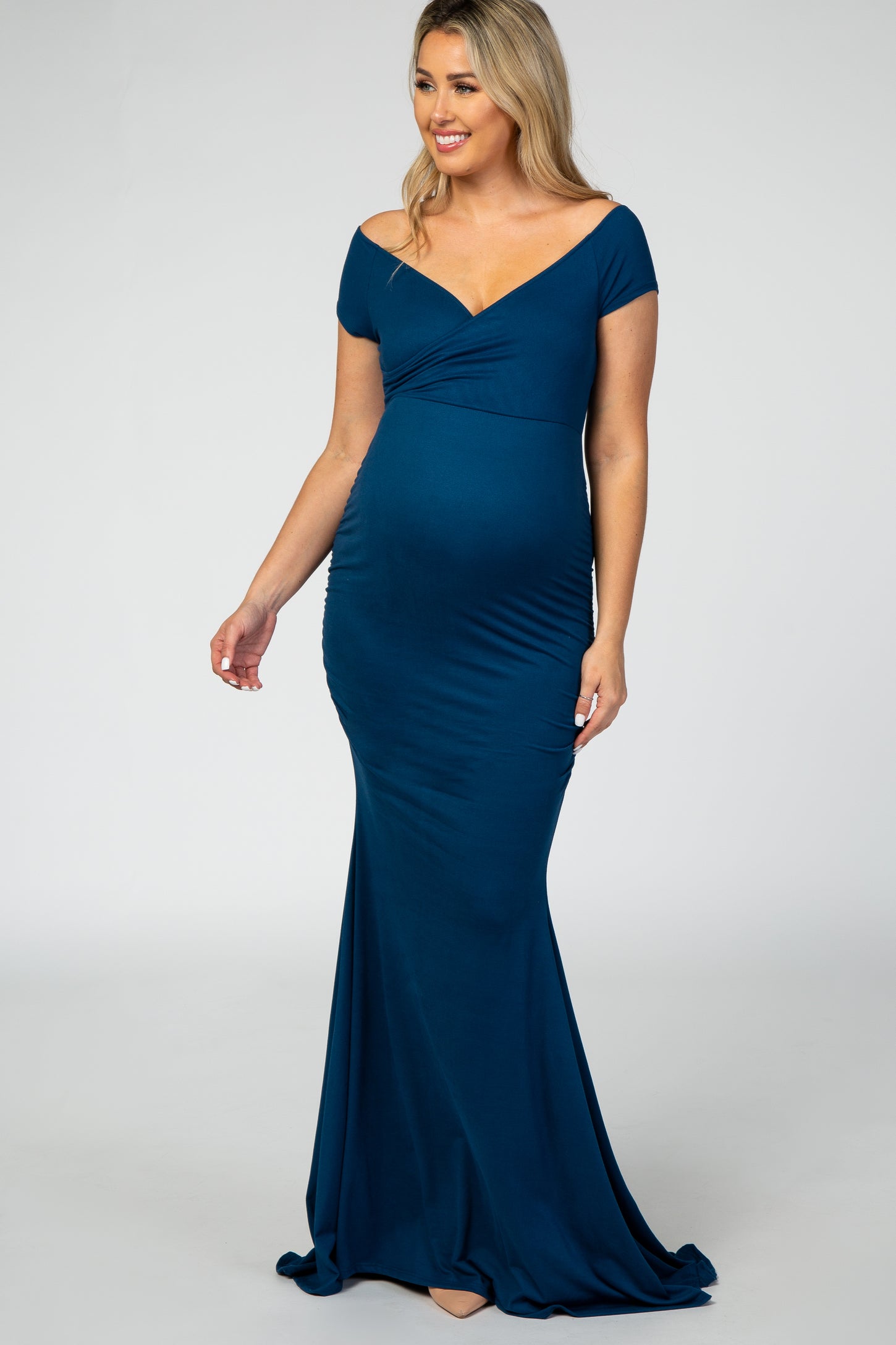 Dark Teal Off Shoulder Wrap Maternity Photoshoot Gown/Dress