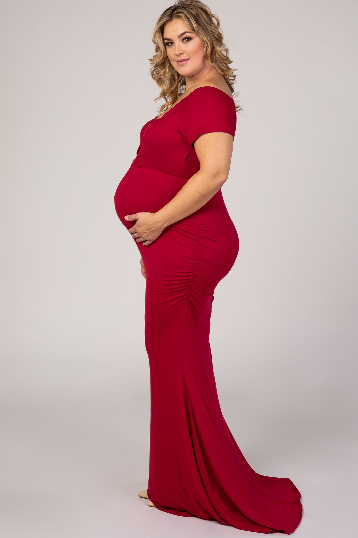 PinkBlush Burgundy Off Shoulder Wrap Plus Maternity Photoshoot Gown/Dress