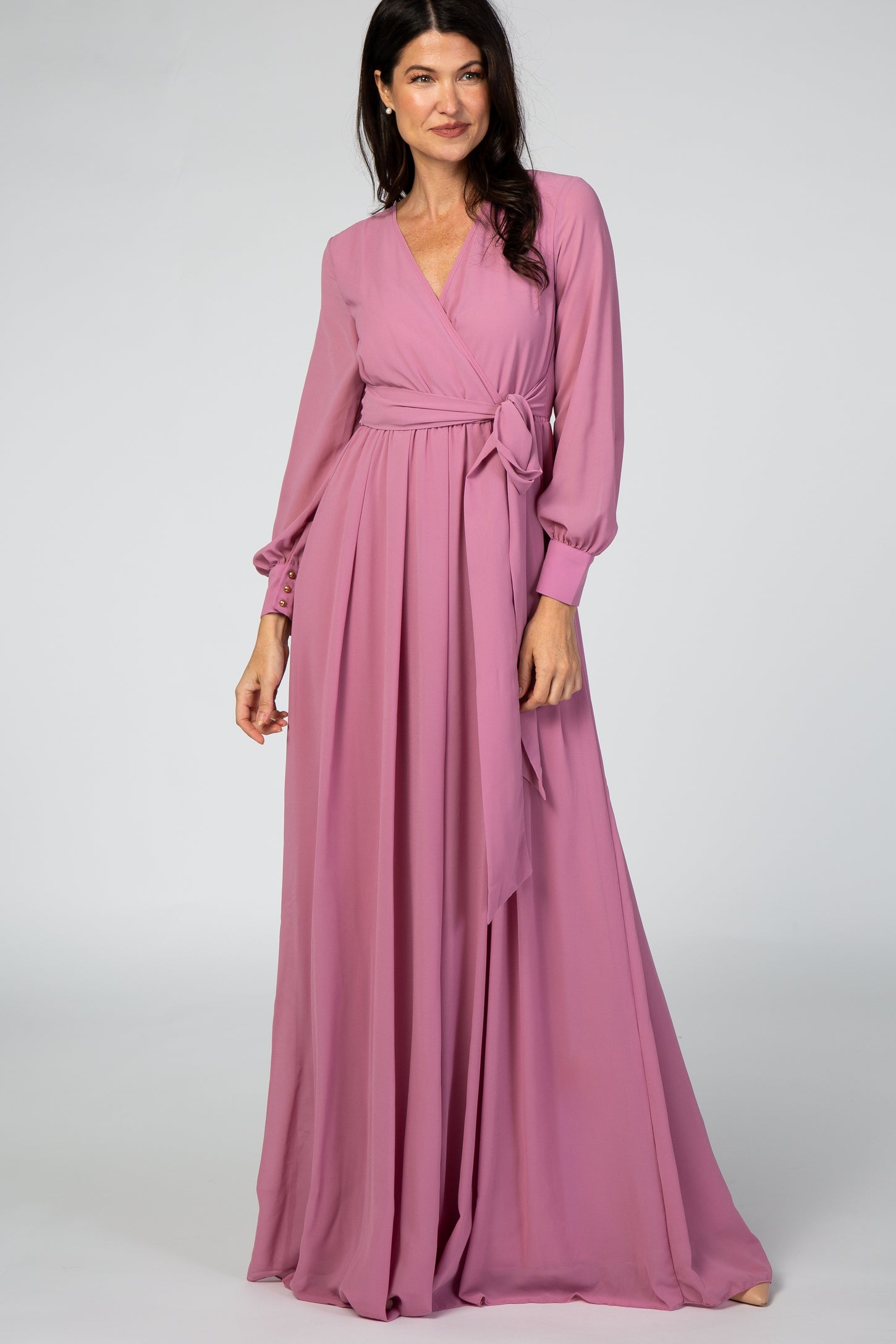 Lavender Chiffon Long Sleeve Maternity Maxi Dress