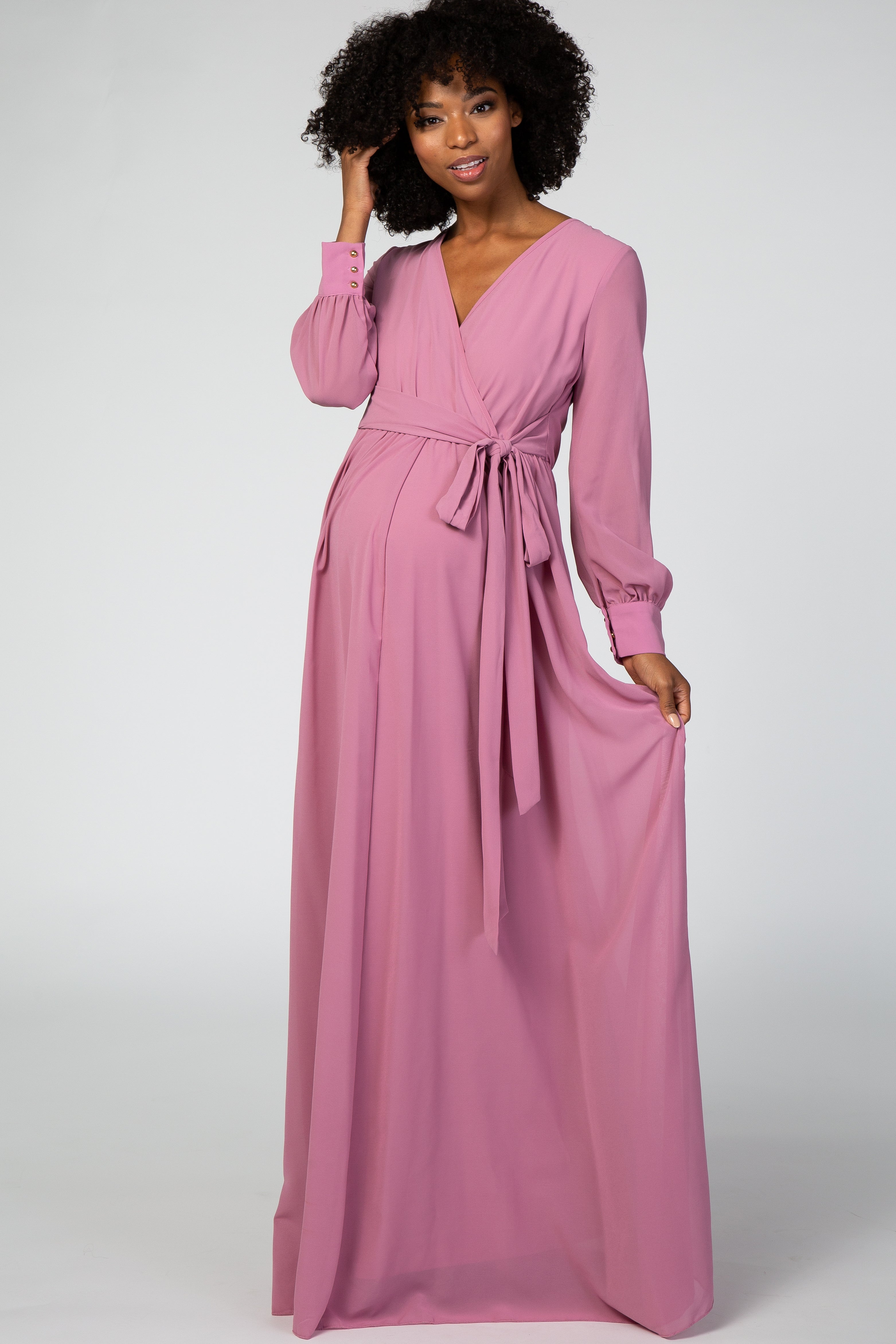 long sleeve chiffon maternity dress Azazie Teton