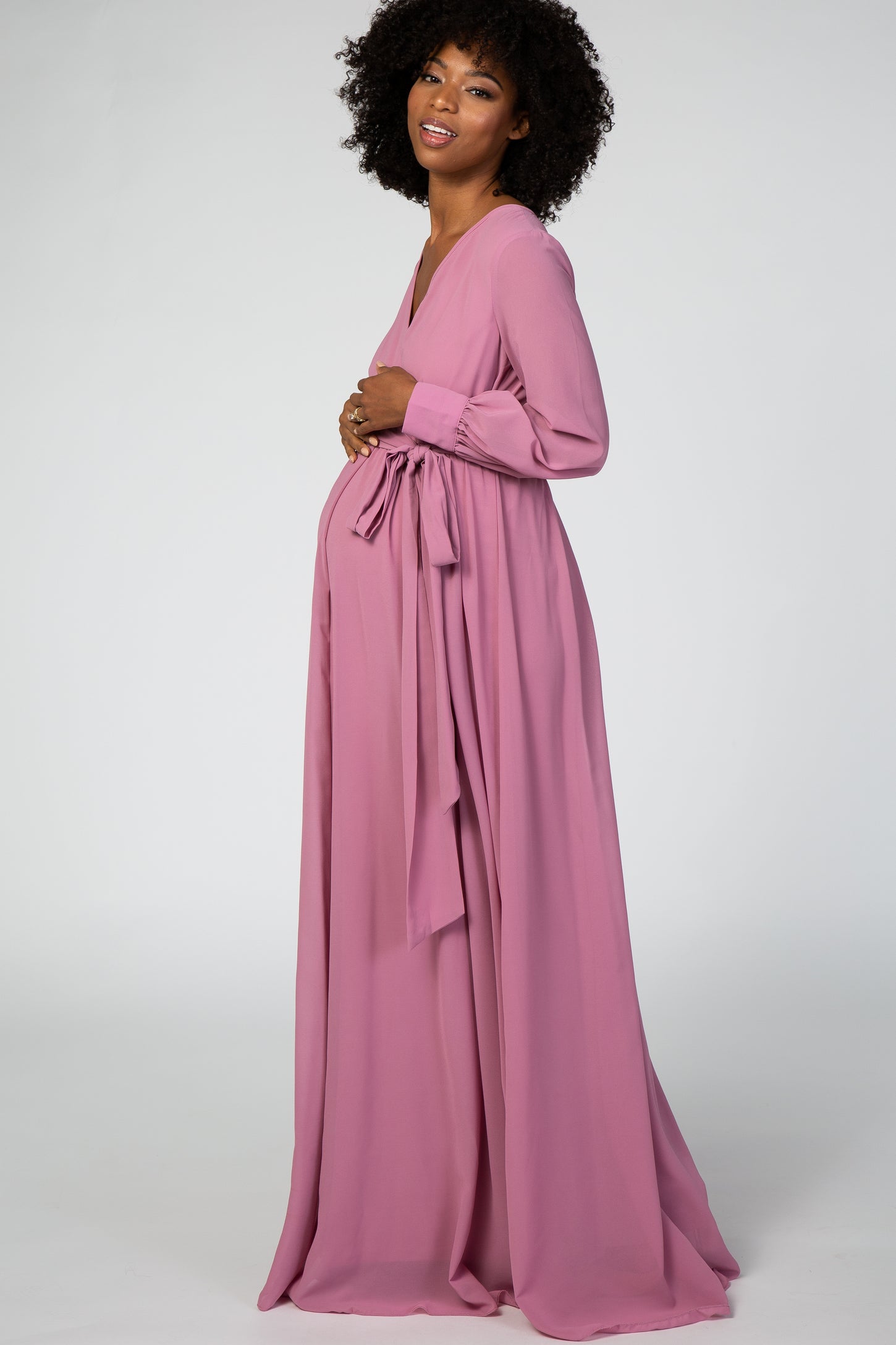 lavender maternity dress long sleeve Lavender V-Neck Long Sleeve Fitted Maternity Maxi Dress Medium