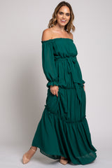 Forest Green Tiered Off Shoulder Maternity Maxi Dress– PinkBlush