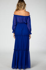 Royal Blue Tiered Off Shoulder Maternity Maxi Dress