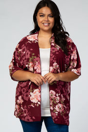 Burgundy 3/4 Sleeve Floral Chiffon Open Front Plus Cover Up