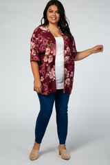 Burgundy 3/4 Sleeve Floral Chiffon Open Front Plus Cover Up