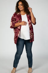 Burgundy 3/4 Sleeve Floral Chiffon Open Front Plus Maternity Cover Up