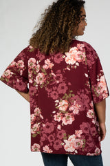 Burgundy 3/4 Sleeve Floral Chiffon Open Front Plus Maternity Cover Up