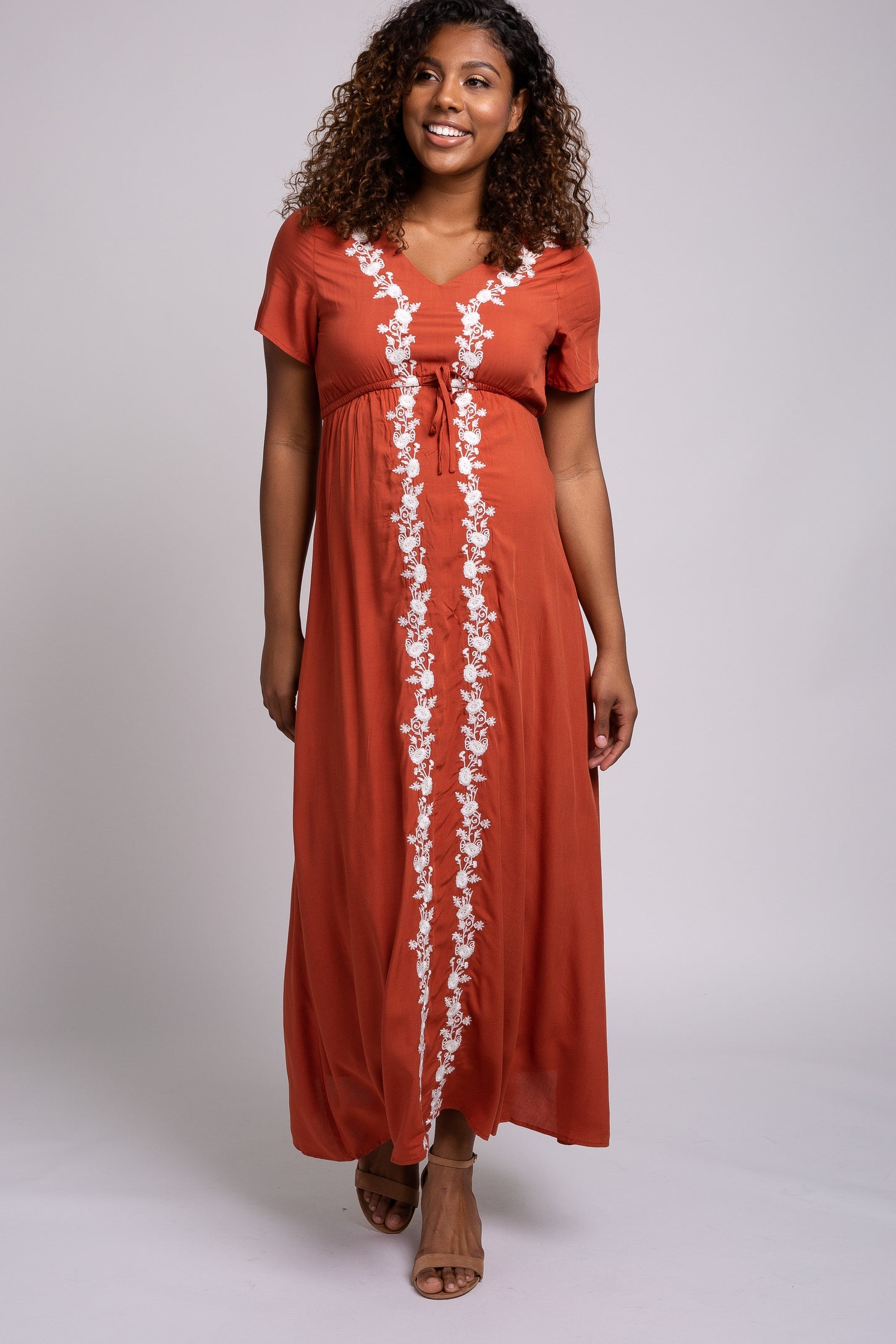 Rust Floral Embroidered Maternity Maxi Dress