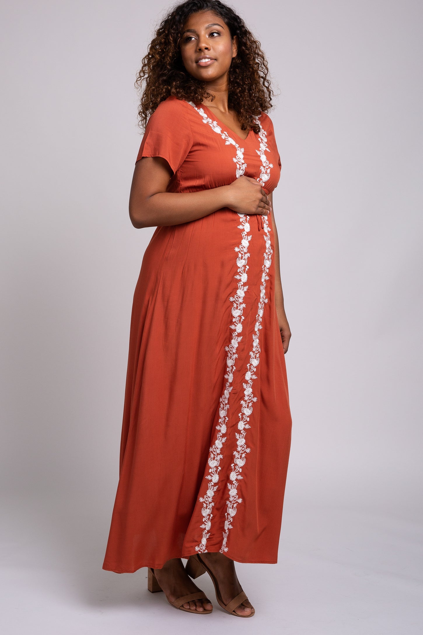 Rust Floral Embroidered Maternity Maxi Dress