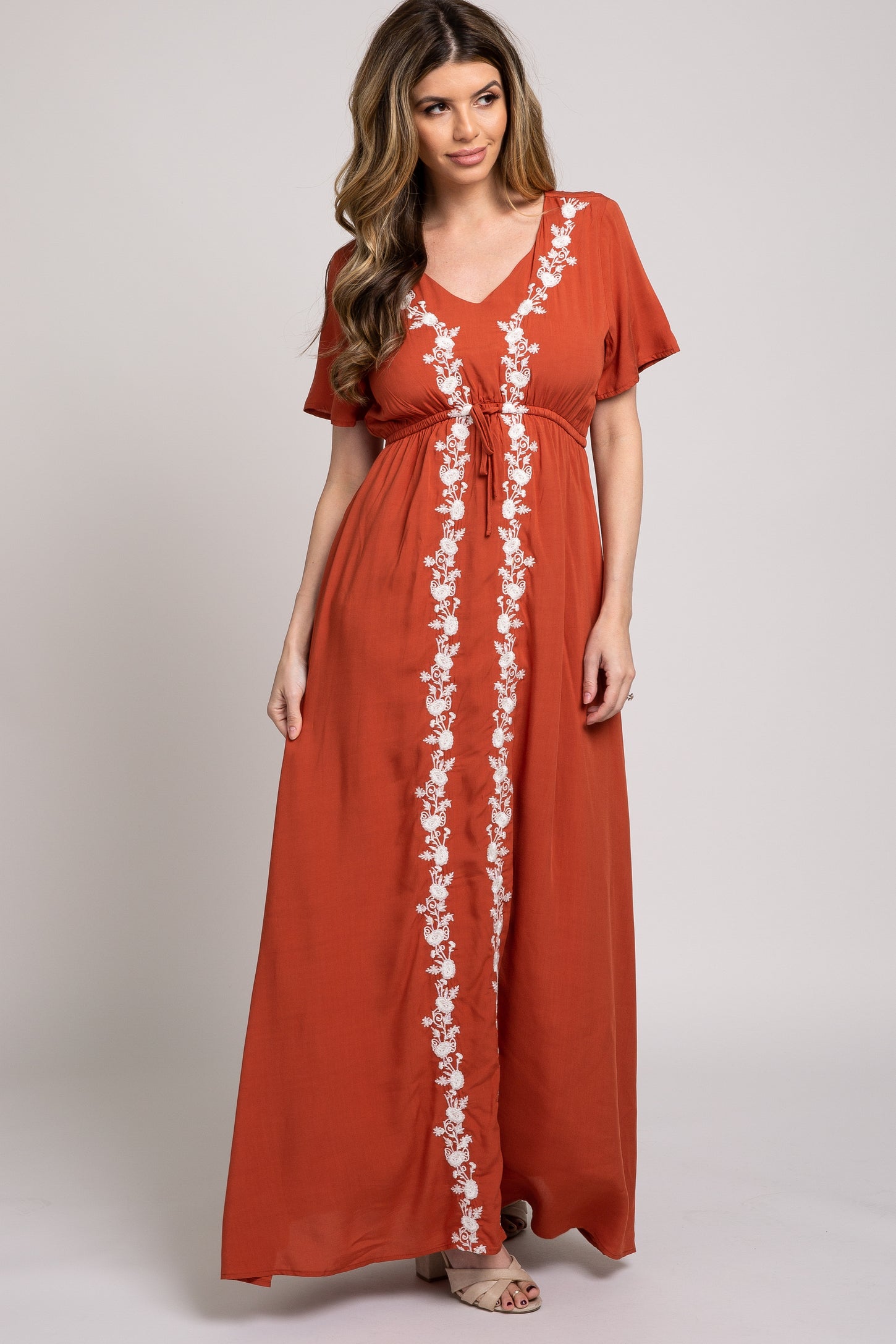 Rust Floral Embroidered Maxi Dress