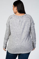 Heather Grey Long Sleeve Brushed Fabric Drop Shoulder Heathered Plus Top