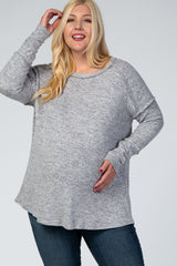 Heather Grey Long Sleeve Brushed Fabric Drop Shoulder Heathered Plus Maternity Top