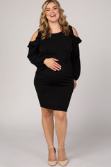 Black Ruffle Trim Puff Sleeve Plus Maternity Dress