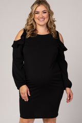 Black Ruffle Trim Puff Sleeve Plus Maternity Dress