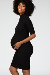 Black 3/4 Sleeve Mock Neck Ribbed Fitted Silhouette Maternity Dress
