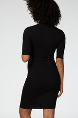 Black 3/4 Sleeve Mock Neck Ribbed Fitted Silhouette Maternity Dress