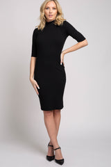 Black 3/4 Sleeve Mock Neck Ribbed Fitted Silhouette Dress