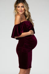 Burgundy Velvet Off Shoulder Fitted Maternity Dress