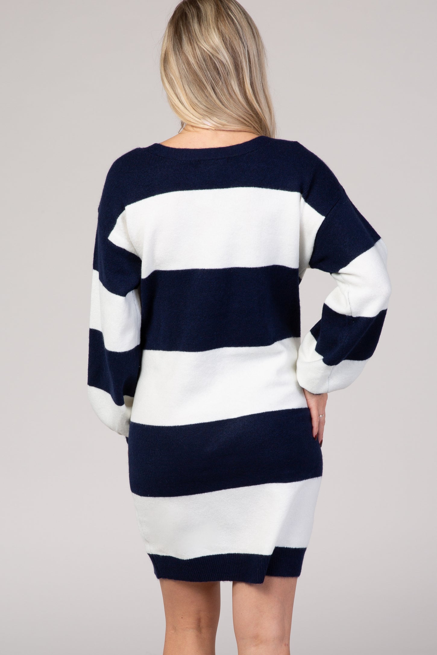 Navy Blue Large Striped Long Bubble Sleeve Knit Maternity Sweater Dress