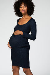 Navy Blue Long Sleeve Square Neck Shimmer Maternity Dress