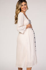 Beige Floral Embroidered 3/4 Sleeve Maternity Midi Dress